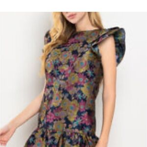 Navy Floral Jacquard Ruffle Sleeve Dress